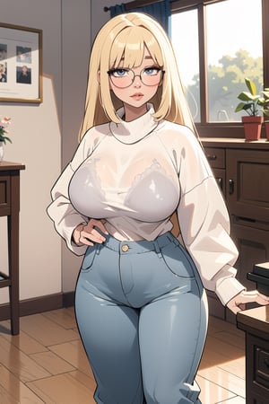 masterpiece, best quality, 1girl, solo, blonde hair, long hair, ((fringe)),  (short_heigh,  white sweater, baggy pants), round glasses,  perfect eyes,  makeup, big lips, curvy_figure, indoors,  style,mature female,SAM YANG