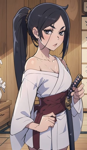 1girl, solo, looking at viewer, woman, black hair, grey eyes, off-shoulder kimono, katana, hairstyle tail on the side, dojo in background masterpeace, best quality, (extremely detailed:1.2),mikoto