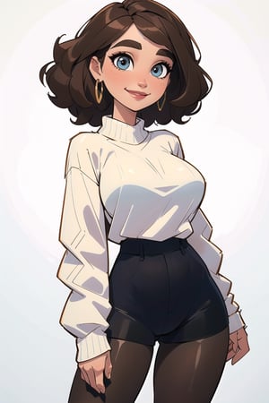 masterpiece, best quality, 1girl, solo, (brown short hair, round curly hair),  big eyebrows, happy smile, closed mouth,  ( white sweater, pantyhose big  earrings) ,big blue eyes,  makeup, big lips,  style,mature female,SAM YANG