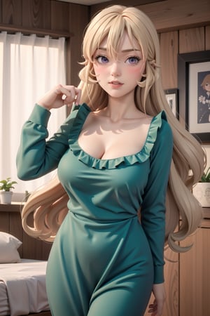  tall body, tall, long legs, mature female, mature, adult,   Erina_Prodigy, 1girl, long hair, solo, breasts, purple eyes, looking at viewer, cleavage, blush, blonde hair, collarbone, long sleeves, bangs, large breasts, closed mouth, hair between eyes, pajamas, very long hair, upper body, indoors, ribbon, dress, black ribbon, frills, hand up, neck ribbon, medium breasts, nightgown, green dress, sidelocks, standing