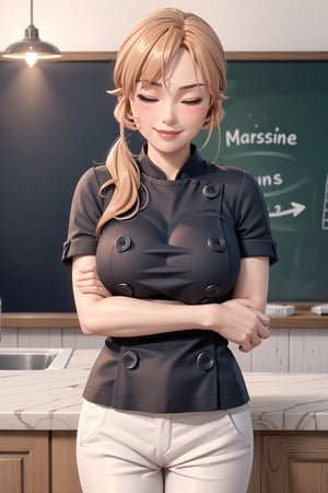 masterpiece, best quality, highres, mature female, aaerina, ponytail, long orange hair, white pants, chef, buttons, , standing, kitchen, cowboy shot, smile, closed eyes, (blushed, pressing breasts together, V arms,  big breasts), indoors, classroom,Nakiri Erina