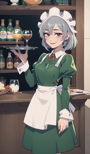 ((Best quality, masterpiec)),  syr flova, grey hair, maid headdress, green dress, apron, smile, happy, closed mouth, holding tray, bar, tavern, (mature female:1.3), Balsamique,SAM YANG, beautiful,Cartoon,syr flova