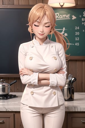 masterpiece, best quality, highres, mature female, aaerina, ponytail, long orange hair, white pants, chef, buttons, , standing, kitchen, cowboy shot, smile, closed eyes, (blushed, pressing breasts together, V arms,  big breasts), indoors, classroom,Nakiri Erina