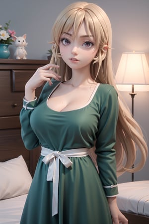 masterpiece, best quality, highres, mature female, aaerina, long copper hair, collarbone, long sleeves, bangs, large breasts, closed mouth, hair between eyes, pajamas, very long hair, upper body, indoors, ribbon, dress, black ribbon, frills, hand up, neck ribbon, medium breasts, nightgown, green dress, sidelocks, standing, (big breasts)