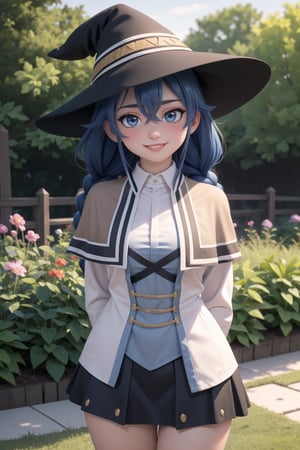 masterpiece, best quality, ultra detailed, perfect face, detailed face, full-face blush, smile, happy, parted lips, milf,  roxy_migurdia, 1girl, solo, long hair, braid, hair between eyes, twin braids, very long hair, long sleeves, hat, witch hat, ahoge, crossed bangs, black headwear, skirt, shirt, ribbon, (medium breasts), capelet(outdoors, garden, arms behind back)