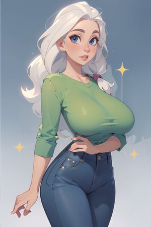 ((Best quality, masterpiec)), solo, 1girl   , big lips,  white hair, long hair, blue eyes, yellow oversized camisole, jeans, big breasts, standing,  (mature female:1.5), Balsamique,SAM YANG, beautiful, uzakitsuki,  basic_background,High detailed ,milfication,Gugu