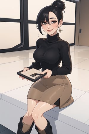 ((Best quality,  masterpiec)),  (mature female:1.5),  solo,  1female,  black hair,  bun,  long  Hair,  smile,  (black sweater,   long beige skirt), boots,  medium breasts,  looking at viewer,  milfication,,,,