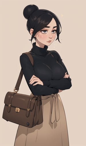 ((Best quality,  masterpiec)),  (mature female:1.5),  solo,  1female,  black hair,  bun,   black sweater,   expressionless face, very long beige skirt, gold collar, brown bag,    medium breasts,  simple_background