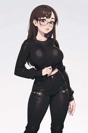 ((masterpiece, best quality, adult female )), solo, 1girl, brown hair, straight hair, glasses, short height, (black shirt with long sleeves, pants), enormous breasts, standing , simple background, Balsamique, Nikki, mature female