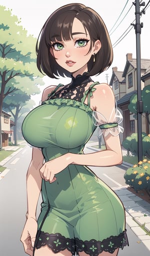 ((Best quality, masterpiec)), solo, 1girl , brunette, bob haircut,  green eyes, ( lace summerdress), enormous breasts, standing,  (mature female:1.3), Balsamique,SAM YANG, beautiful,Cartoon,