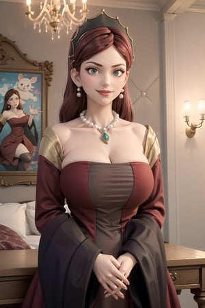 masterpiece, best quality,  hildagreyrat, grey eyes, headdress, earrings, pearl necklace, pendant, large breasts, red dress, cleavage, long dress, wide sleeves, upper body, looking at viewer, smile, mansion, chandelier, arms down