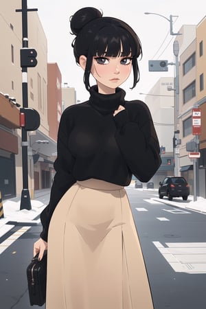((Best quality,  masterpiec, beautiful face)),  mature female,  solo,  1female, black hair,  back bun, long fringe, long bangs , expressionles face, semi colsed eyes,   black sweater, beige skirt, long skirt,  small breasts,  looking at viewer,  milfication,,,,