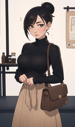 ((Best quality,  masterpiec)),  (mature female:1.5),  solo,  1female,  black hair,  bun,   black sweater,   expressionless face, very long beige skirt, gold collar, brown bag,    medium breasts,  looking at viewer,  milfication,,,,