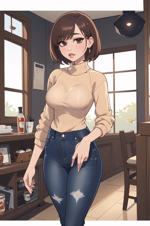 ((Best quality,  masterpiec)),  solo,  1girl,  big lips,  brown hair,  short hair,  glass,  sweater,  jeans,  big hip and legs,  small breasts,  standing,  (mature female:1.3),  Balsamique, SAM YANG,  beautiful,,