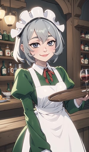  syr flova, grey hair, maid headdress, green dress, apron, smile, happy, closed mouth, holding tray, bar, tavern