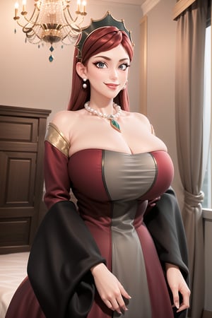 masterpiece, best quality,  hildagreyrat, grey eyes, headdress, earrings, pearl necklace, pendant, large breasts, red dress, cleavage, long dress, wide sleeves, upper body, looking at viewer, smile, mansion, chandelier, arms down