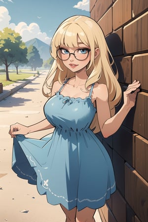 masterpiece, best quality, 1girl, solo, happy, blonde hair, long hair, ((fringe)),  (short_heigh,  blue sundress), round glasses,  perfect eyes,  makeup, big lips, curvy_figure,  style,mature female,SAM YANG