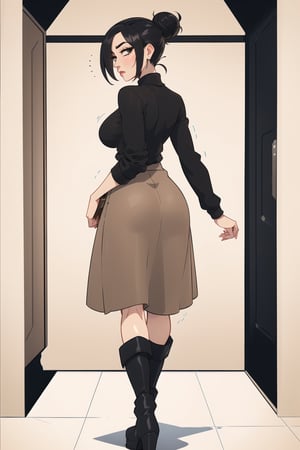 ((Best quality,  masterpiec)),  (mature female:1.5),  solo,  1female,  black hair, back bun,  expressionles,  black sweater,  (very long beige skirt), boots,  medium breasts,  looking at viewer,  milfication,,,,