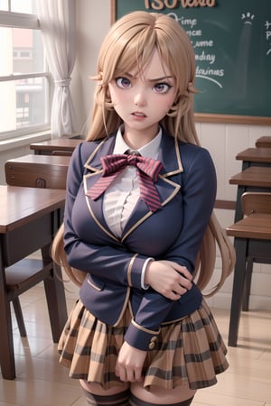 masterpiece, best quality, highres, mature female, aaerina, long copper hair, red bow, striped bow, blazer, blue jacket, long sleeves, plaid skirt, brown skirt, black thighhighs, angry, (pressing breasts together, V arms, big breasts),  indoors, classroom