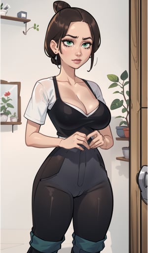 ((Best quality, masterpiec)), solo, 1girl , brunette, bun hair,  serious, brown skin, green eyes, (fringe, shirt, short_sleeves, black pants, cleavage), medium breasts, standing,  (mature female:1.6), Balsamique,SAM YANG, beautiful,Cartoon,uzakitsuki,milfication