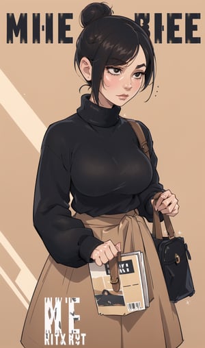 ((Best quality,  masterpiec)),  (mature female:1.5),  solo,  1female,  black hair,  bun,   black sweater,   expressionless face, very long beige skirt, gold collar, brown bag,    medium breasts,  simple_background, magazine cover, IncrsNikkeProfile