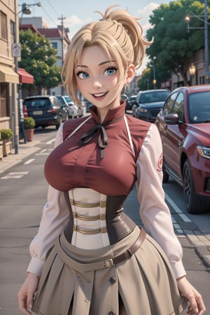 best quality, masterpiece, 1girl, (solo:1.1), raytracing, ultra detailed,detailed face, 8k wallpaper, (wide hips:1.1), , ZenithGreyratNDV, 1girl, blonde hair, blue eyes, (big breasts), medium hair, ponytail, bangs, ribbon, collared shirt, , mature female, outdoor, red shirt, brown skirt, corset, smile