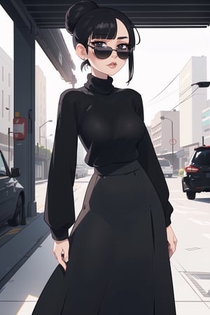 ((Best quality,  masterpiec, beautiful face)),  mature female,  solo,  1female, black hair,  back bun, long fringe, long bangs , sunglasses,   (black sweater, long skirt),  small breasts,  looking at viewer,  milfication,,,,