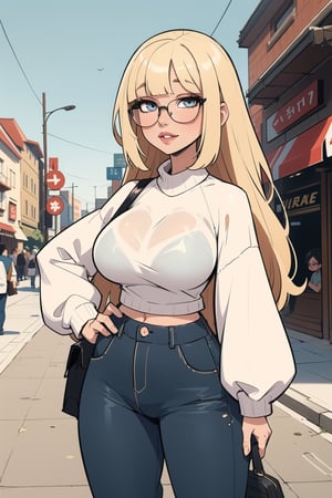 masterpiece, best quality, 1girl, solo, happy, blonde hair, long hair, ((fringe)),  (short_heigh,  white sweater, baggy pants), round glasses,  perfect eyes,  makeup, big lips, curvy_figure,  style,mature female,SAM YANG