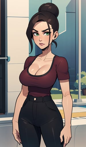 ((Best quality, masterpiec)), solo, 1girl , brunette, bun hair,  serious, brown skin, green eyes, (fringe, shirt, short_sleeves, black pants, cleavage), medium breasts, standing,  (mature female:1.6), Balsamique,SAM YANG, beautiful,Cartoon,uzakitsuki