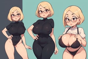 Solo, (mature female:1.5), (big lips:1.5), (blonde short hair:1.4), pale skin, short heigh

(blush:1.2), (cute face:1.5), (rectangular shape eyes:1.4), glasses

(Seetrough shirt, black bra1.3), tights,  (big legs and hips:1.3), (big breasts:1.6), 

 (Cartoon style:1.1), character design views, hd quality, 4k , very detailed,SAM YANG,EnvyBeautyMix23,milfication,hourglass body shape,hands on own chest ,1girl,mature female,v arms,breasts squeezed together ,milf,titfuck