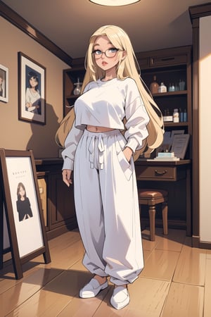 masterpiece, best quality, 1girl, solo, blonde hair, long hair, ((fringe)),  ( white sweater, baggy pants), round glasses,  perfect eyes,  makeup, big lips, curvy_figure, indoors,  style,mature female,SAM YANG