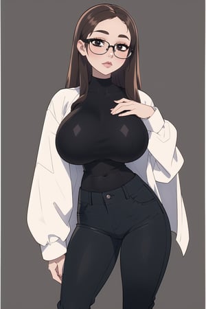 ((masterpiece, best quality, adult female )), solo, 1girl, brown hair, straight hair, glasses, short height, (black shirt with long sleeves , pants),  enormous breasts, standing ,simple background,  Balsamique,Nikki,mature female