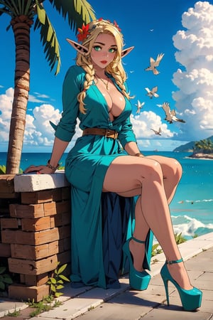 1girl(Marcille, slim body, elf ears, eyelashes, wearing dress, nice cleavage, headdress, long blonde hair, green eyes, feminine, beautiful), looking at viewer seductively, seductive pose, full body, background(birds,flower, outdoors, day, sky, palm tree, plant, cloud, ocean, scenery), (masterpiece, highres, high quality:1.2), low saturation,High detailed,perfect,high heels,wearing high heels