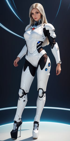 ((Best quality)), ((masterpiece)), (detailed:1.4), Alafed woman in futuristic costume posing for photo, In futuristic white armor, Girl in Mecha Cyber Armor, Unreal Engine Rendering + goddes, Cyborg porcelain armor, Shiny White Armor, realistic long white hair, gynoid cyborg body, Beautiful and charming cyborg woman, diverse cybersuits, beautiful cyborg woman, beutiful white girl cyborg, In futuristic armor, The perfect cyborg woman, nijistyle,niji,high heels
