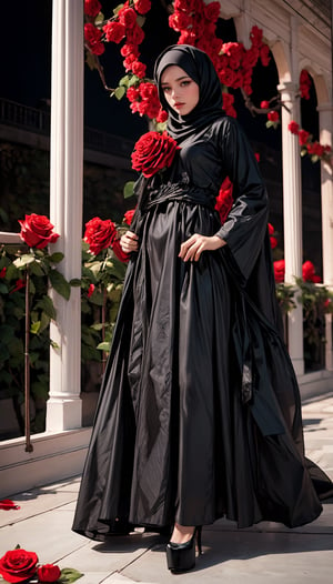 solo, full_body, 1girl, (((red rose))), queen, tiara, wearing muslim abaya, (((red rose garden decoration))), highly detailed, hyper realistic, with dramatic polarizing filter, vivid colors, sharp focus, HDR, UHD, 64K, 16mm, color graded portra 400 film, remarkable color, ultra realistic,1 girl,high heels