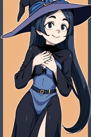1 girl, dark blue hair, black eyes, witch costume, smile, alone, solo