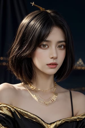 Cleopatra Queen of the Ptolemaic Kingdom of Egypt,magic realism, cut bob hair, short hair, gold crown, gold necklace, gold clothing, deataild, hyperrealism, (night:1.5), pyramids background
,Detailedface