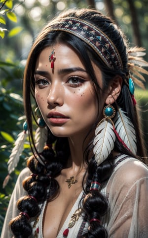 beautiful face Native American tribal woman, long black hair, hazel eyes healer, shaman, natural mystical,