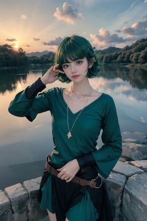 1girl, (masterpice), best quality, high quality, high quality, high detail, perfect body, beautiful body, short green hair, green eyes, jewerly, black clothes, nature, water, lake, beautiful, sunset