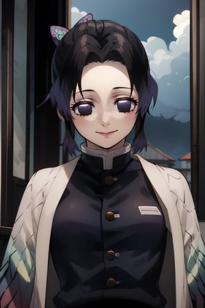 masterpiece, best quality, ultra-detailed, shinobuDB, demon_slayer_uniform, violet eyes, short black hair with violet tips, black uniform, white haori, open uniform, bare breasts, small breasts, pink nipples, solo, smile, japanese_clothes, closed_mouth, lips, cloud, sky, blue_sky, day, sidelocks, volumetric lighting, best quality, masterpiece, intricate details, tonemapping, sharp focus, hyperdetailed, trending on Artstation