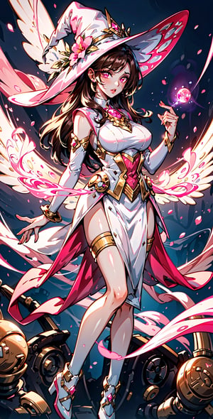 masterpiece, best quality, illustration, full body facing viewer, a beautiful witch casting a spell with planets around her, ornate white pink and gold wizard clothes, white and pink wizard hat with pink jewels, elegant, detailed celestial environment, luminous mushrooms,  (dynamic lighting:1.2), cinematic lighting, delicate elegant facial features, detailed eyes, pink eyes, long brunette hair, realistic pupils, depth of field, sharp focus, (hyper-detailed, bloom, glow:1.4), brown hair, full lips, bright pink eyes, mystical atmosphere, kind face, sexy,Science Fiction