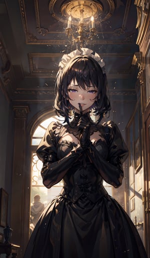 A dark-haired anime maid, Narberal Gamma, stands indoors with a far view shot, radiating an aura of power and evil. She gazes directly at the viewer with an ominous expression, wearing a black leather dress with a puffy skirt, long sleeves, and a buttoned blouse with a Victorian neck. Her heavy-duty rubber gauntlets cover her long leather gloves, accentuating her sinister pose. The focus is on her face, showcasing detailed eyes, eyeliner, and makeup, along with a breathtaking beauty and pure perfection. A stunning, highly-detailed mansion background serves as the setting, illuminated by cinematic lighting.