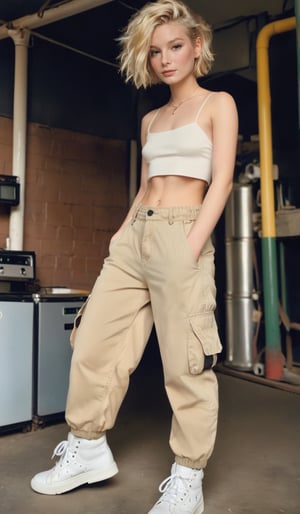 a 20 yo woman, blonde, (hi-top fade:1.3), dark theme, soothing tones, muted colors, high contrast, (natural skin texture, hyperrealism, soft light, sharp), ,real,  tube top, cargo pants
,FilmGirl, polaroid