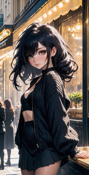 (((teen))), (((17 yo Girl))), detailed face, cafe in Paris , detailed background, cool shadow, cinematic lighting by Bill Sienkiewicz, ( SimplepositiveXLv1:0.7), aesthetic portrait, (highres:1.3), ultra-detailed face, (Black Knit puff long sleeve jacket:1.3),(black crop Knit bare top),(Black Knit skirt:1.3),pretty messy updo , skinny, Slim body,(((small breast))), perfect full body ,waist,medium butt,thin thighs,open  mouth, sharp long fangs,shining (((black hair))), (((long hair))), smile,makeup,strong wind, simple accessories,cleavage,photo r3al,Enhanced Reality, (((finger on lips))),Movie Still,aesthetic portrait