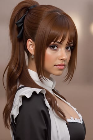 (best quality, 4k, 8k, high resolution, masterpiece: 1.2), ultra detailed, (realistic, photorealistic, photorealistic: 1.37), HDR, UHD, studio lighting, ultra-fine painting, sharp focus, physics-based rendering, extreme detail depiction, professional, vivid colors, bokeh, portrait, 1 girl, ((cat's eye)), (ponytail), (ribbon), (maid), brown