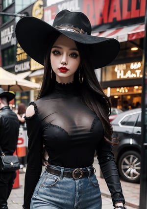 Masterpiece, absurdres,HDR, , beautiful heavymetal_doll, a woman in a black shirt and a cowboy hat , perfect heavymetal_doll body, perfect heavymetal_doll face,dressed in heavymetal_doll_clothing