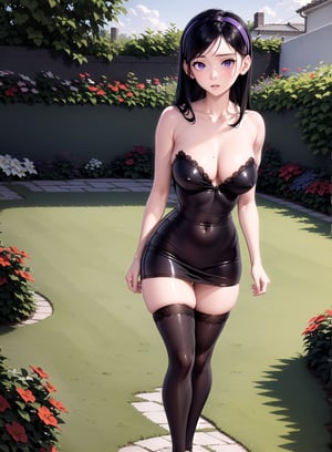 in a garden, short and tight dress, with lace and stockings, violetparr, body and appearance of an older woman, PURPLE EYES, 
purple headband,