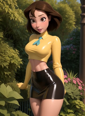 jane porter, latex mini skirt mini blouse, exposed abdomen, 
dark brown hair, in a garden,
