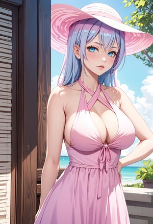  ((pink halter dress)), sun hats1:3, in agarde, (1girl), alisa, blue eyes, light pink hair, 