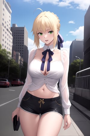 tight shorts,, mini blouse, body of an older woman, neckline, phSaber, bare abdomen, in the city, big breasts, 